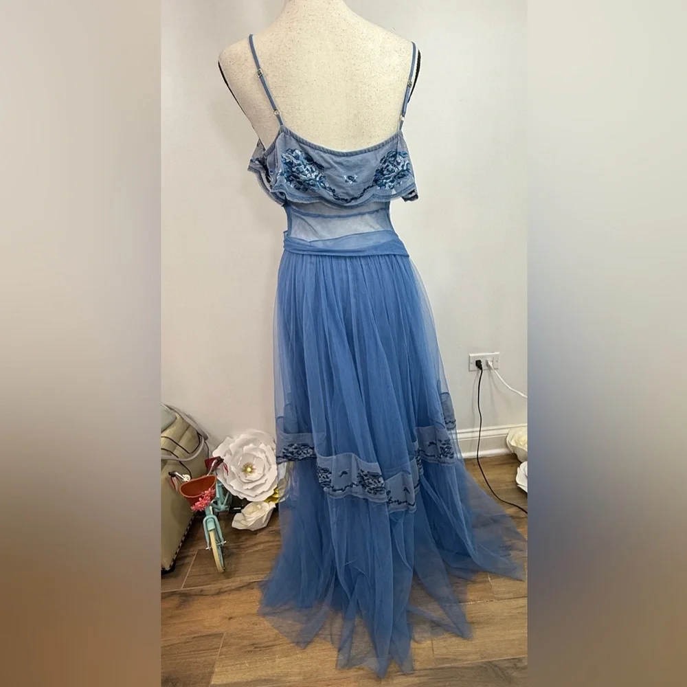 LoveShackFancy Avianna Dusty Blue Embroidered Tulle Maxi Dress